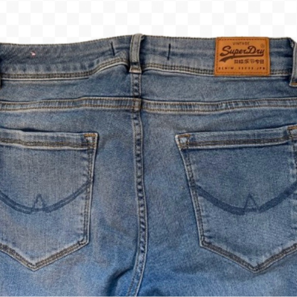 Superdry Vintage Blue Jeans & Red Logo Stripe Studs Blue Stripe Size W27 L30 EUC - Picture 7 of 12
